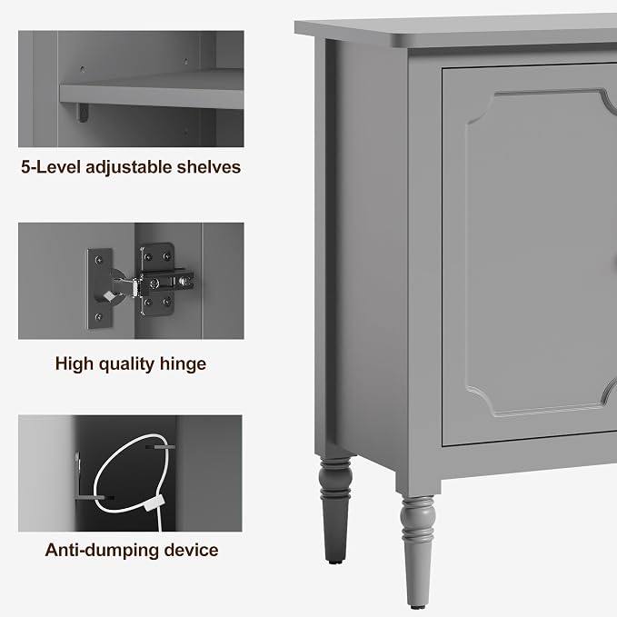 RoyalCraft 118" Buffet Cabinet with Storage, Vintage Sideboard with Adjustable Shelves, Mid Century Modern Painted Credenza Coffee Bar for Kitchen, Dining Room, Entryway, Living Room, Dove Gray