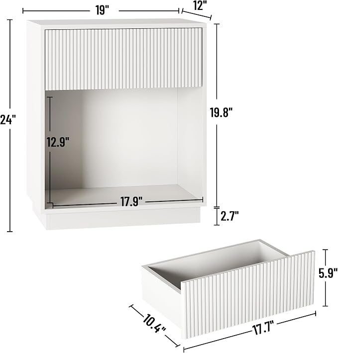 Fluted Nightstands Set of 2, Modern Bedside Table with Drawer and Storage Shelf, Wood End Table Mid Century Night Stands for Bedroom Living Room Sofa Couch Office (White)
