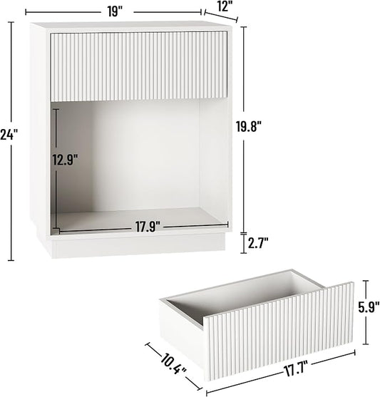 Fluted Nightstands Set of 2, Modern Bedside Table with Drawer and Storage Shelf, Wood End Table Mid Century Night Stands for Bedroom Living Room Sofa Couch Office (White)