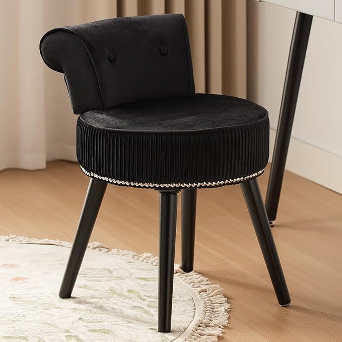 Small Vanity Chair with Back, Velvet Stool with Low Backrest & Silvery Nailhead Trim, Round Vanity Seat for Bedroom and Bathroom Makeup, Support 220lbs, Easy Assembly (Black)