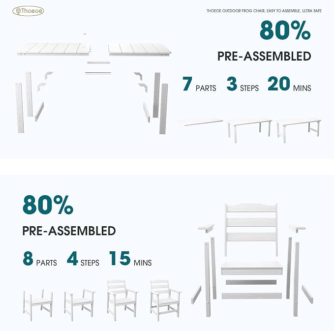 THOEOE 5 Piece Outdoor Dining Set, Patio Dining Table and 4 Chairs, All-Aluminum Frame, All-Weather HDPE Outdoor Furniture with Umbrella Hole for Garden, Lawn, Poolside, White