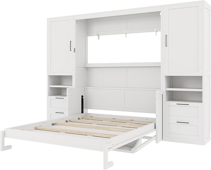 Merax Queen Size Murphy Bed with Desk, Closet, Drawers and Shelves, Fold into the Wall, Space-Saving Foldable Wood Platform Bed Frame for Small Spaces Studio Study Office Guest Room, White