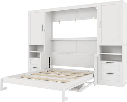 Merax Queen Size Murphy Bed with Desk, Closet, Drawers and Shelves, Fold into the Wall, Space-Saving Foldable Wood Platform Bed Frame for Small Spaces Studio Study Office Guest Room, White