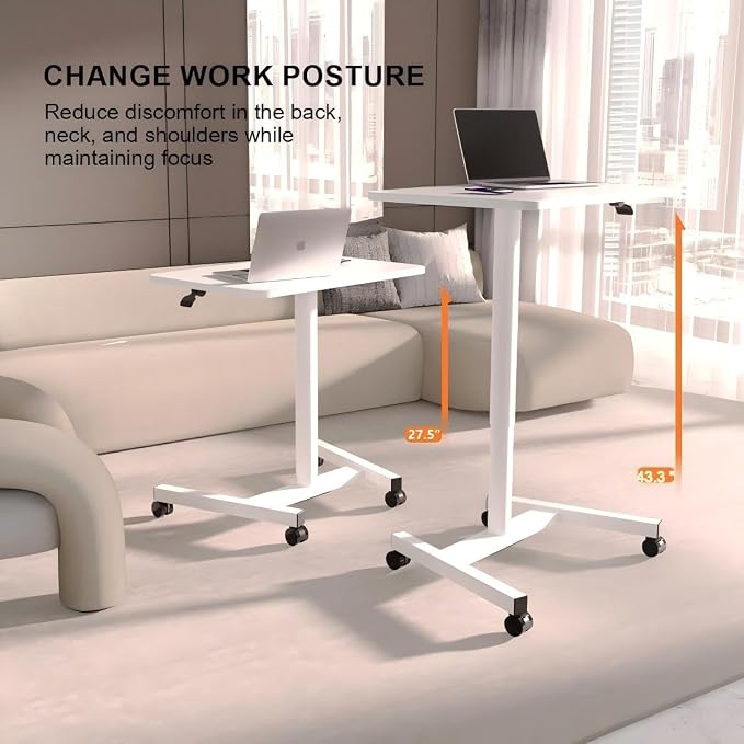 28-Inch Mobile Standing Desk, Computer Workstations with Cup Holder, Portable Standing Desk with Lockable Wheels, Rolling Table for Home Office Classroom Hospital (White)