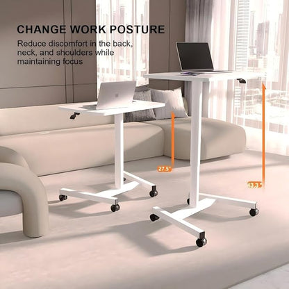 28-Inch Mobile Standing Desk, Computer Workstations with Cup Holder, Portable Standing Desk with Lockable Wheels, Rolling Table for Home Office Classroom Hospital (White)