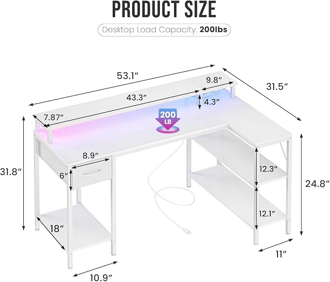 DUMOS 53” Gaming Desk with USB Charging Ports & LED Lights, Reversible L Shaped Desks Computer Corner Gamer Table with Power Outlets Monitor Stand Storage Shelves for Home Office Small Space, White