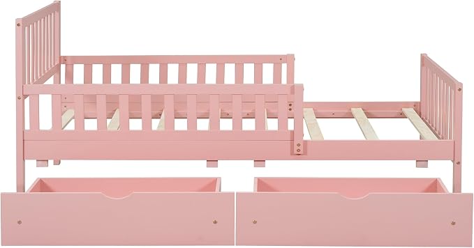 Kids Twin Size Bed Frame with Storage Drawers, Wood Twin Bed Frames for Kids, Twin Bed Frame with Headboard and Footboard for Boys Girls, No Box Spring Needed,Pink