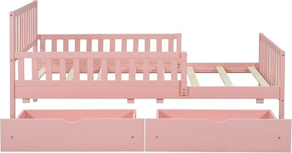 Kids Twin Size Bed Frame with Storage Drawers, Wood Twin Bed Frames for Kids, Twin Bed Frame with Headboard and Footboard for Boys Girls, No Box Spring Needed,Pink