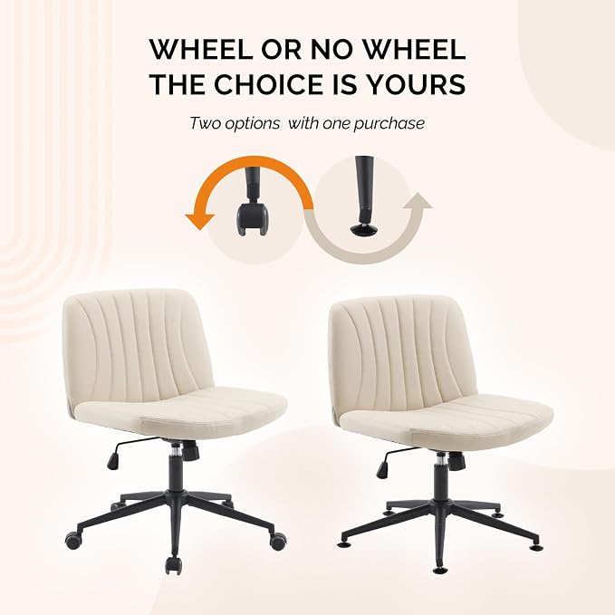 VINGLI Criss Cross Legged Chair,Wide Comfy Office Desk Chair,Dual-Use with/no Wheels Computer Task Chair,Swivel Armless Vanity Rolling Chair for Study,Make Up,Home Office,Cat Scratch PU Leather,Khaki