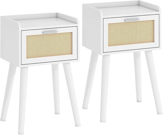 LAATOOREE Nightstand Set of 2, Small White Bedside Table, End Table with Rattan Door, Boho Side Table with Solid Wood Legs for Bedroom Living Room Small Space