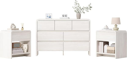 AMERLIFE Modern 3-Piece Bedroom Furniture Set with 7-Drawer Dresser and 2 Nightstands, Large Storage Capacity, Rounded Corners, Flexible Combination Design, Anti-Tip Kit Included, White