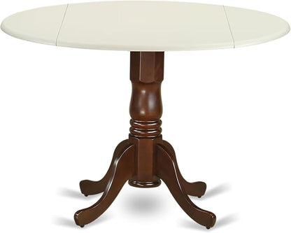 East West Furniture DLT-LMA-TP Dublin Modern Kitchen Table - a Round Dining Table Top with Dropleaf & Pedestal Base, 42x42 Inch, Linen White & Mahogany