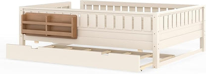 Bellemave Queen Size Kids Bed with high Rails and with Built-in Bookshelf and Trundle for Kids, Girls, Boys, Wood Montessori Bed Without Door, Beige