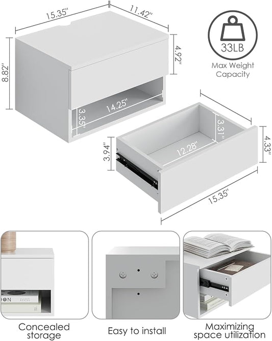 Floating Nightstand, Small Modern Floating Nightstand with Drawer, Floating Shelves for Bedroom, Bathroom (White)