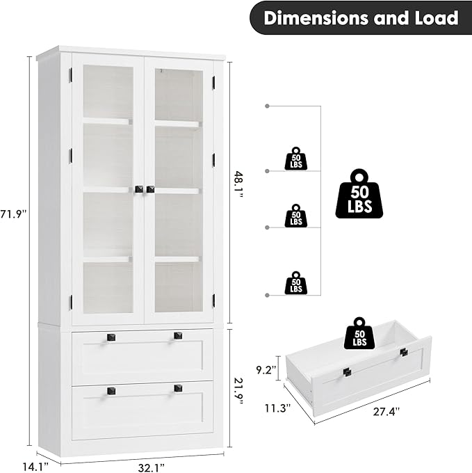 72" Tall Kitchen Pantry Cabinet - Modern Display Storage Cabinet with 2 Large Drawers, Glass Doors, and Adjustable Shelves, Farmhouse Kitchen Cupboard for Dining Room, Bathroom, Living Room, White