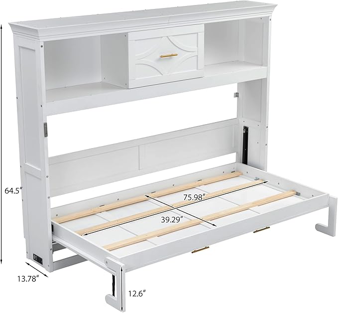 MERITLINE Twin Horizontal Murphy Bed with Storage Bookcase Shelves & Drawer and Charging Station,Solid Wood Farmhouse Murphy Wall Bed with Storage, Slat Support (White)