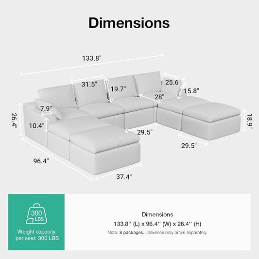 Novilla 133.8" Modular Cloud Couch, Modern Sectional Sofa with Smarts Coil® Support, Chenille Fabric, Upholstered Couch for Living Room Apartments Bedroom, No Assembly, 4 Seater + 4 Ottoman, White