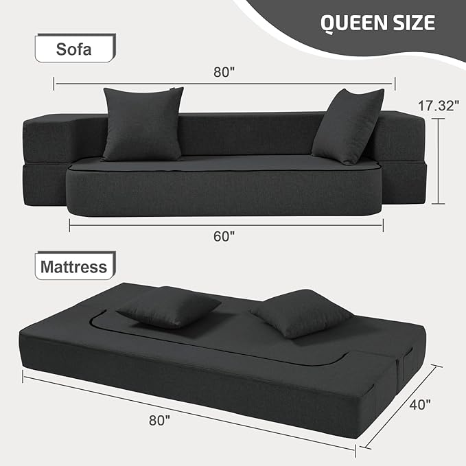 SUYOLS 2-in-1 Folding Sofa Bed with Pillows - Folding Chair Floor Couch & Sleeping Mattress - Washable Cover & Memory Foam Sleeper Chair for Living Room/Guest Room/Apartment/Loft, Dark Gray, Twin XL
