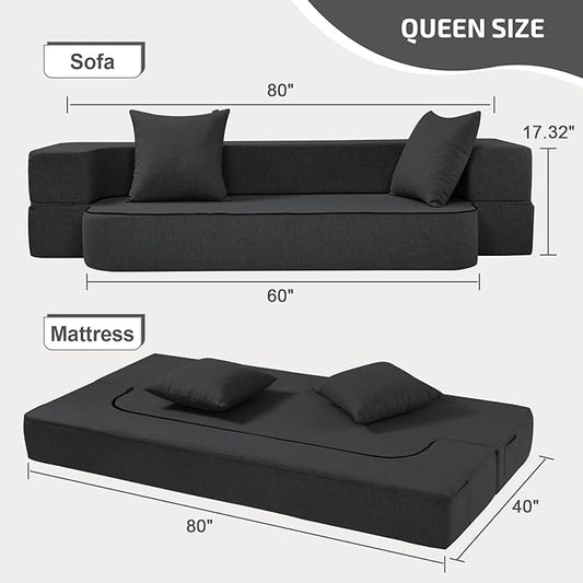 SUYOLS 2-in-1 Folding Sofa Bed with Pillows - Folding Chair Floor Couch & Sleeping Mattress - Washable Cover & Memory Foam Sleeper Chair for Living Room/Guest Room/Apartment/Loft, Dark Gray, Twin XL