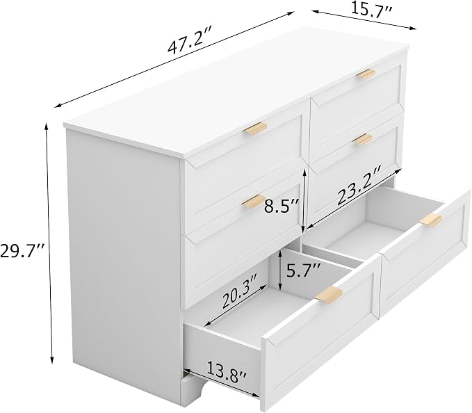 6 Drawer Dresser for Bedroom, Modern Long Chest with Large Drawer, Wooden Chest of Dresser Storage Cabinet Organizer Unit for Living Room, Cloakroom, Entryway, Hallyway (White)