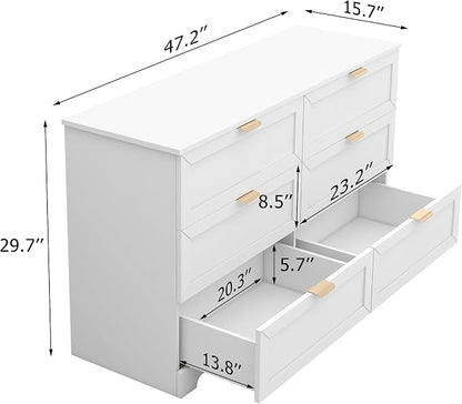 6 Drawer Dresser for Bedroom, Modern Long Chest with Large Drawer, Wooden Chest of Dresser Storage Cabinet Organizer Unit for Living Room, Cloakroom, Entryway, Hallyway (White)
