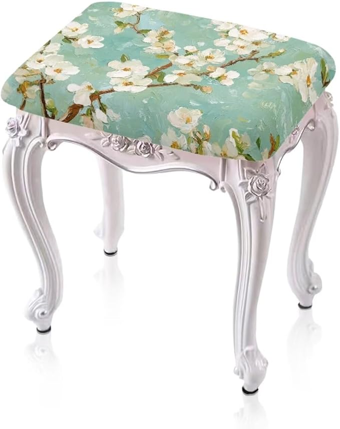 Almond Tree Oil Painting Bar Stool Seat Covers Turquoise Vanity Chair Cover Rectangle 2 Pack Soft Fabric Stretch Bar Stool Covers with Elastic Band