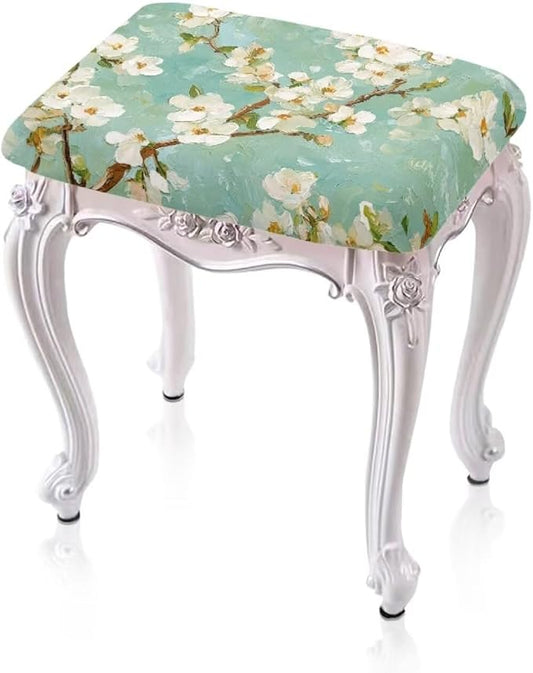Almond Tree Oil Painting Bar Stool Seat Covers Turquoise Vanity Chair Cover Rectangle 2 Pack Soft Fabric Stretch Bar Stool Covers with Elastic Band