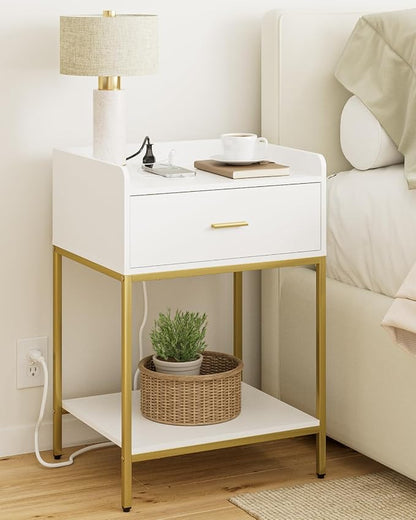 Masupu Nightstand with Charging Station, 3-Tier Modern Bedside Night Stand with Storage Drawer and Shelf, Large End Side Table for Bedroom, Living Room,White