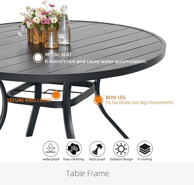 Patio Table and Chairs Set for 6 Person,54"x 54"x 28" Round Steel Slat Outdoor Table with 6 Breathable Textilene Swivel Chairs for Deck/Backyard/Poolside/Garden