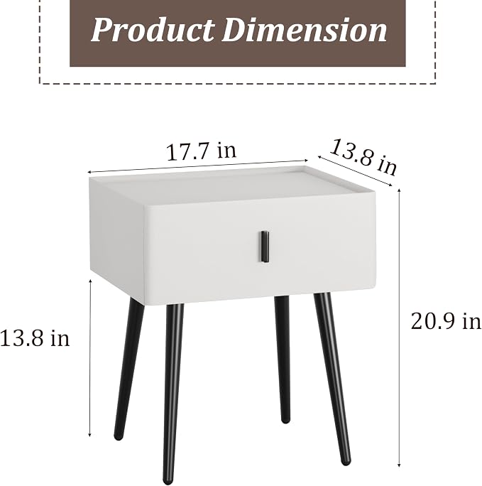 Nightstand Set of 2 with Single Drawer,Leather Side Table,Modern Bedside Table with Metal Legs for Bedroom,Small Accent End Table,White