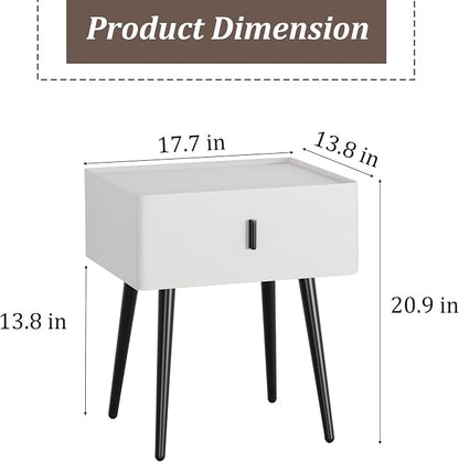 Nightstand Set of 2 with Single Drawer,Leather Side Table,Modern Bedside Table with Metal Legs for Bedroom,Small Accent End Table,White