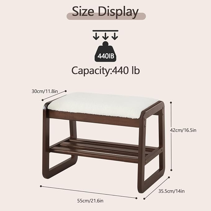 Achicsofar Small Shoe Rack Bench,2 Tier Solid Wooden Entryway Bench with Shoe Storage, Shoe Rack with Cushion for Living Room, Hallway(CreamWhite, 21.6")