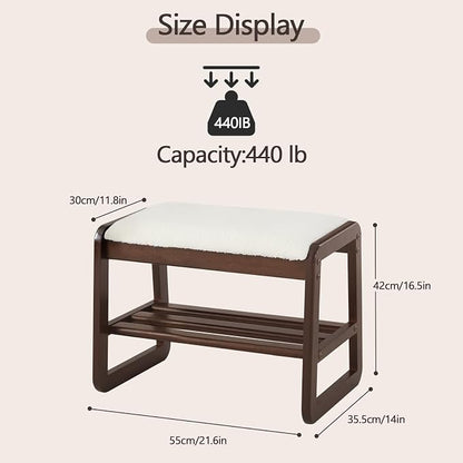 Achicsofar Small Shoe Rack Bench,2 Tier Solid Wooden Entryway Bench with Shoe Storage, Shoe Rack with Cushion for Living Room, Hallway(CreamWhite, 21.6")