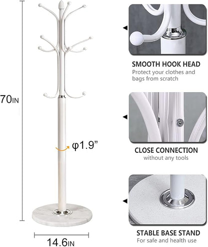 Kertnic Freestanding Coat Rack Stand, Heavy Duty Metal Hall Tree with 12 Hooks, 70 Inch Tall Stable Coat Hanger with 14.6" Natural Marble Base, Entryway Organizer for Coats Bags Hats Purses (White)