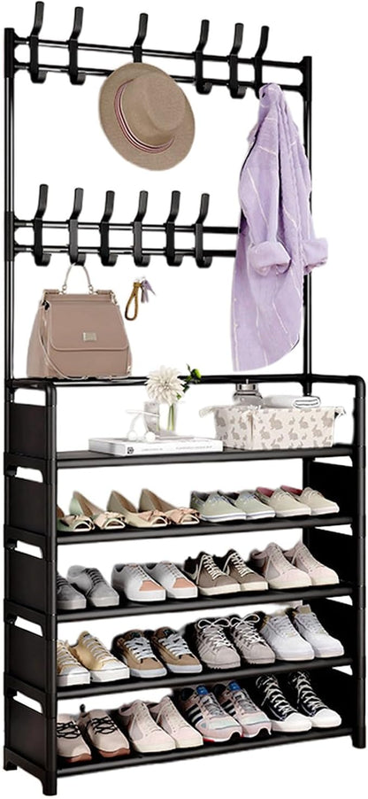 ikaufen 5-Tier Entryway Coat Rack Shoe Shelf, 2-in-1 Hall Tree with 8 Hooks, Thickened Plastic Storage Organizer for Shoes, Bags, Hats (Black/White) (White 80cm +8 Hooks+12 Bag)