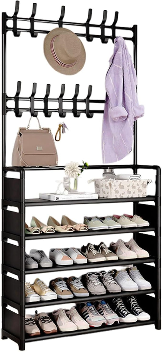 ikaufen 5-Tier Entryway Coat Rack Shoe Shelf, 2-in-1 Hall Tree with 8 Hooks, Thickened Plastic Storage Organizer for Shoes, Bags, Hats (Black/White) (White 80cm +8 Hooks+12 Bag)