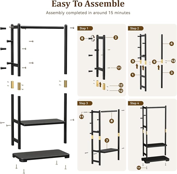 Solid Wood Clothes Rack with 2 Shelves & 4 Hooks for Hanging Clothes Garment Wallets Hats, Black Clothing Rack Heavy Duty Coat Rack Freestanding with Storage Hall Tree for Hallway Bedroom Living Room