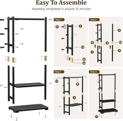 Solid Wood Clothes Rack with 2 Shelves & 4 Hooks for Hanging Clothes Garment Wallets Hats, Black Clothing Rack Heavy Duty Coat Rack Freestanding with Storage Hall Tree for Hallway Bedroom Living Room