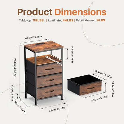 Sweetcrispy Nightstand with Charging Station, Bedside End Table with 3 Fabric Drawers, USB & Type-C Ports with AC Outlets, Adjustable Feet & Dimmable LED Light Strip, Modern Bedroom Furniture, Brown