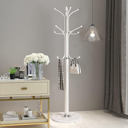 Kertnic Freestanding Coat Rack Stand, Heavy Duty Metal Hall Tree with 12 Hooks, 70 Inch Tall Stable Coat Hanger with 14.6" Natural Marble Base, Entryway Organizer for Coats Bags Hats Purses (White)