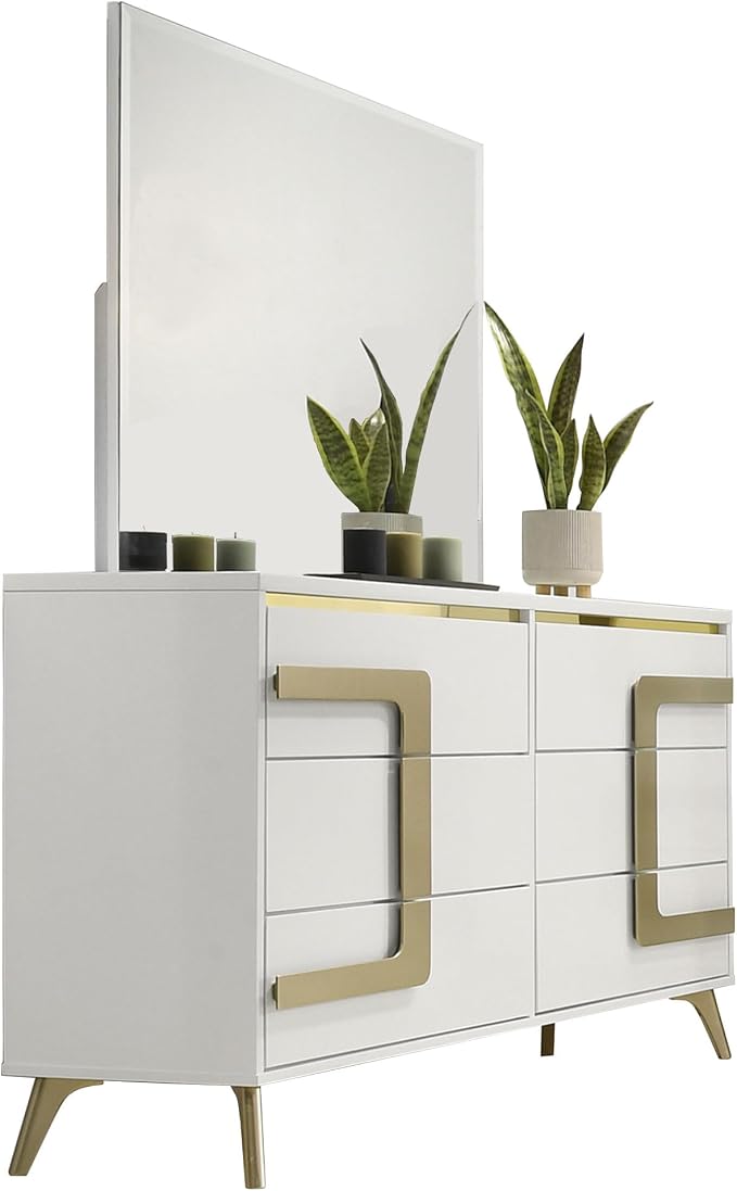 Kings Brand Furniture Claire 4-Piece Modern & Stylish Bedroom Set in White/Gold Finish - Bed Frame with LED Headboard, Dresser, Mirror and Nightstand (Queen)