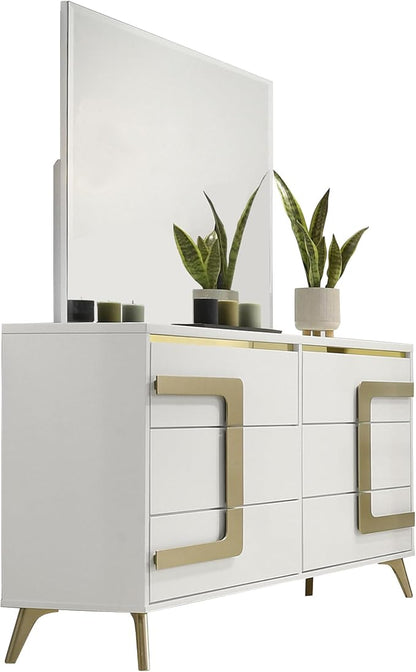 Kings Brand Furniture Claire 4-Piece Modern & Stylish Bedroom Set in White/Gold Finish - Bed Frame with LED Headboard, Dresser, Mirror and Nightstand (Queen)