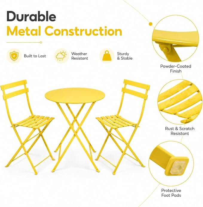 Small 3 Piece Patio Set, Bistro Table and Chairs Set of 2, Outdoor Folding Coffee Table, Outdoor Patio Furniture Set for Balcony, Yard, Garden, Yellow (Yellow)