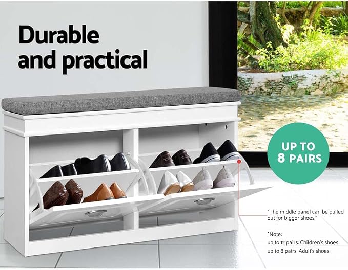 Artiss Shoe Storage Bench, White Shoe Bench with 2 Flip Drawers Cabinet Rack Organiser Drawer Organizer Holder Display Closet Stand Furniture, for Home Living Room Hallway Entryway Front Door Entrance