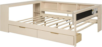 Ball & Cast Full Size Wood Daybed with Storage Shelves and Built-in Desk,Platform Bed w/Under-Bed Drawers & Charging Station,Upholstered Headboard,No Box Spring Needed,for Student Dorms,Cream