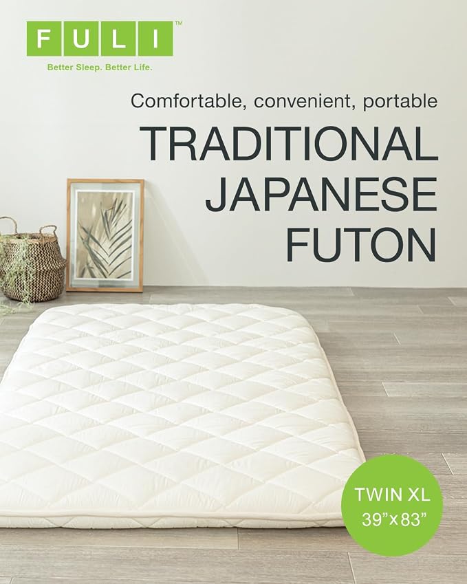 FULI Japanese Futon, Twin XL Size, White - Foldable Shikibuton Floor Bed - Medium Firm Quilted Cotton Sleeping Pad, Portable Roll-Up Japanese Floor Bed for Guests & Small Spaces