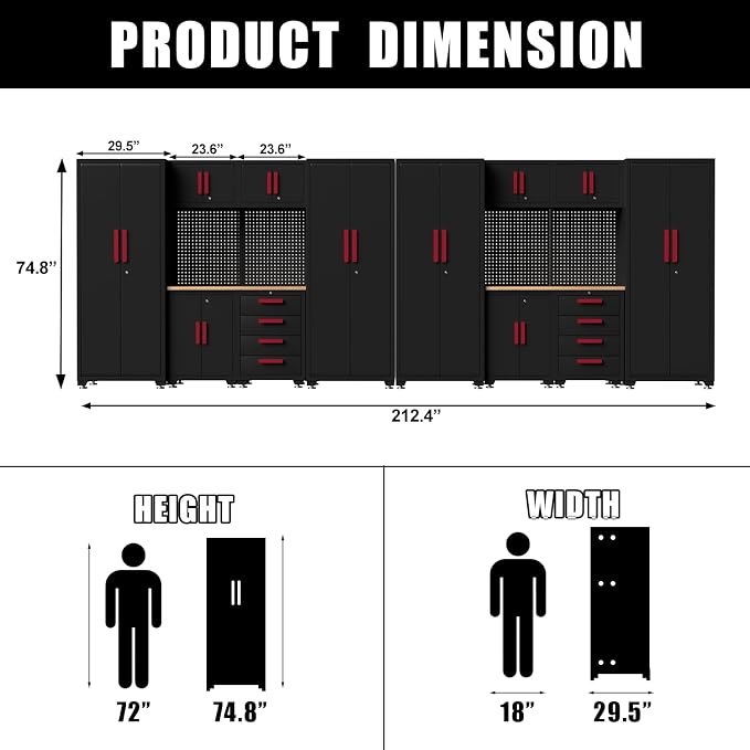 Garage Storage Cabinet System, 16PCS Garage Cabinets and Storage System Workshop Set with Red Cabinet, Cabinet Drawers, Workbench, Pegboard for Tool Organization,Red Handle