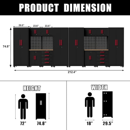 Garage Storage Cabinet System, 16PCS Garage Cabinets and Storage System Workshop Set with Red Cabinet, Cabinet Drawers, Workbench, Pegboard for Tool Organization,Red Handle