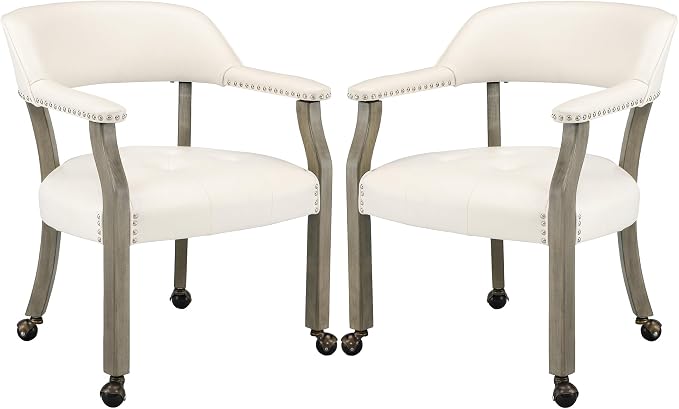 LEEMTORIG Set of 2 Large Dining Chairs with Casters and Arms, Rolling Dining Chairs with Wheels, Game Chairs, Solid Wood Boss Caption's Chairs, 26" D x 25.2" W x 31.5" H, Grey Legs & Ivory SY-1318-WT