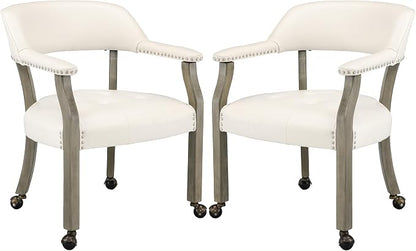 LEEMTORIG Set of 2 Large Dining Chairs with Casters and Arms, Rolling Dining Chairs with Wheels, Game Chairs, Solid Wood Boss Caption's Chairs, 26" D x 25.2" W x 31.5" H, Grey Legs & Ivory SY-1318-WT